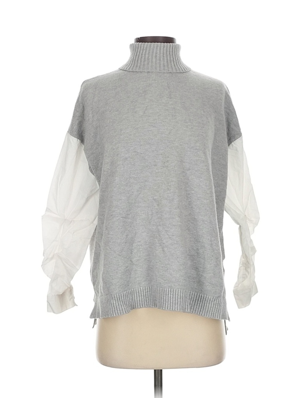Vintage Grey Turtleneck Sweater with White Sheer Balloon Sleeves